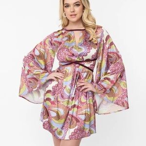 Snak Parlour Satin Paisley Bell Sleeve Velvet Trim Dress 3X